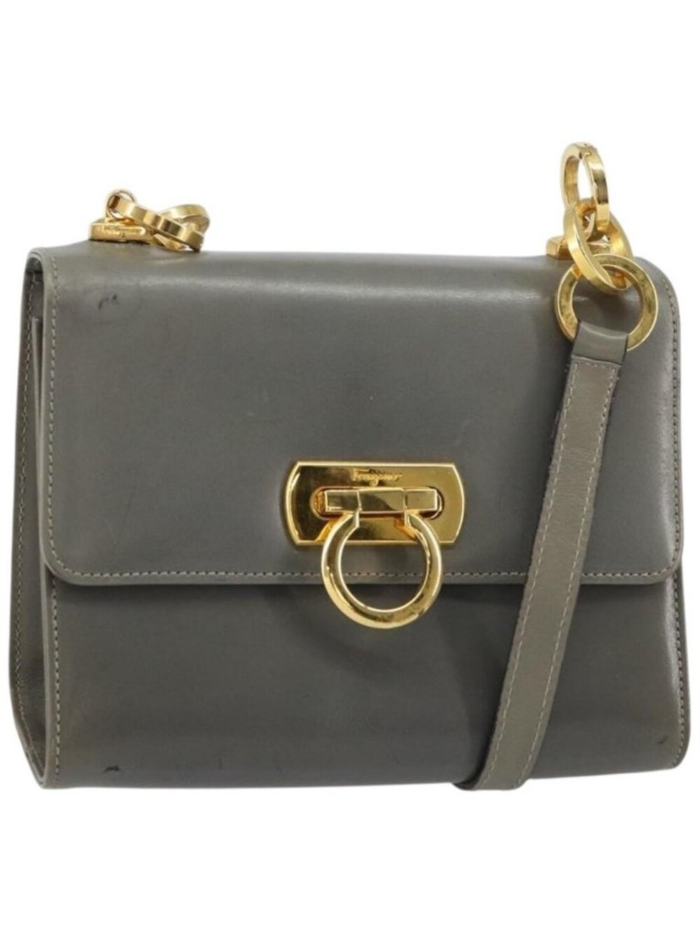 Authentic Salvatore Ferragamo Gancini Chain Shoulder Bag Leather Gray Gold